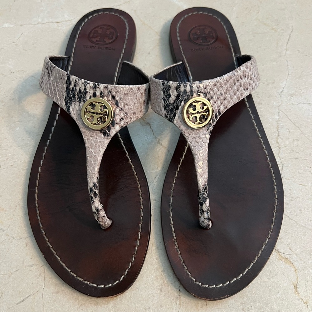 Tory Burch Snakeskin Sandals with Gold Logo